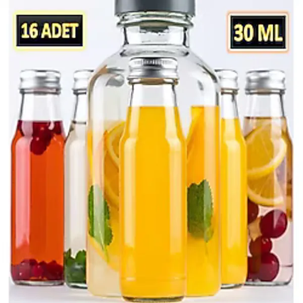 Saint Belisama Concept 16 Adet - 30 ml Şeffaf Cam Şişe Gümüş Kapak Limonata Şişesi Kolonya Şişesi, Meyve Suyu Şişesi, 30 ml