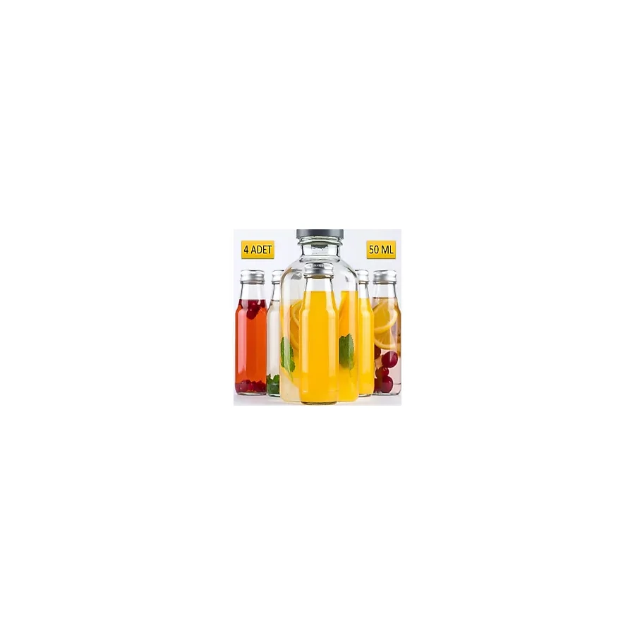 Saint Belisama Concept 4 Adet - 50 ml Şeffaf Cam Şişe Gümüş Kapak Limonata Şişesi Kolonya Şişesi, Meyve Suyu Şişesi, 50 ml