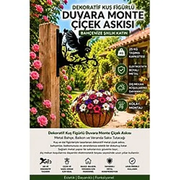 Saklı Home Dekoratif Baykuş Figürlü Metal Duvara Monte Çiçek Askısı Bahçe, Balkon ve Veranda Saksı Askılığı Elektrostatik Boyalı Dayanıklı Saksı Tutacağı - Siyah - 30 cm