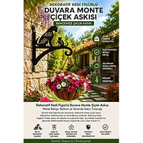 Saklı Home Dekoratif Kedi Figürlü Metal Duvara Monte Çiçek Askısı Lazer Kesim Saksı Askılığı Bahçe, Balkon ve Veranda Dekoru - Siyah - 30 cm