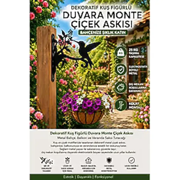 Saklı Home Dekoratif Sinek Kuşu Figürlü Metal Duvara Monte Çiçek Askısı Lazer Kesim Saksı Askılığı Bahçe, Balkon ve Veranda Dekoru - Siyah - 30 cm