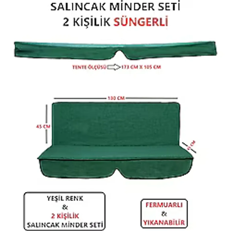Salıncak Minder Seti Tenteli Yeşil 2 Kişilik Süngerli 130x45 Yeşil