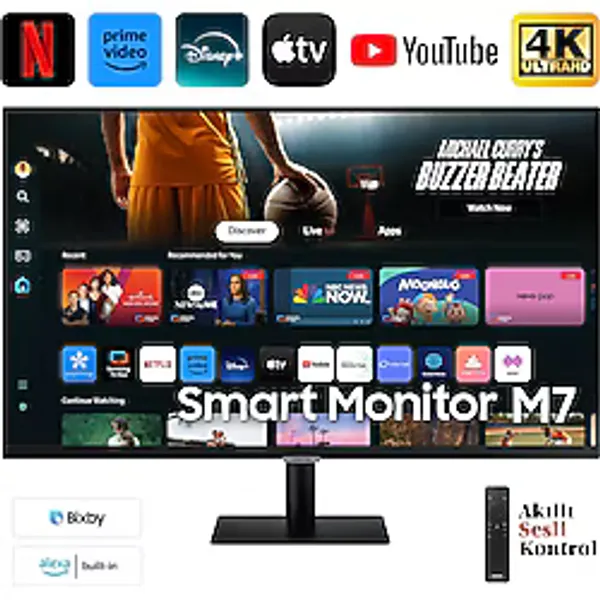 Samsung 43" Akıllı Monitör 4K Ultra HD görüntü, televizyon uygulamaları ve güçlü hoparlör