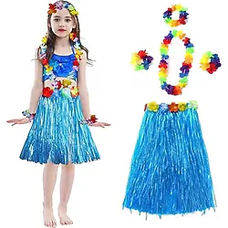 Samur Yetişkin ve Çocuk Uyumlu Hawaii Luau Aloha Mavi Püsküllü Etek Kolye Taç ve 2 Adet Bileklik Seti