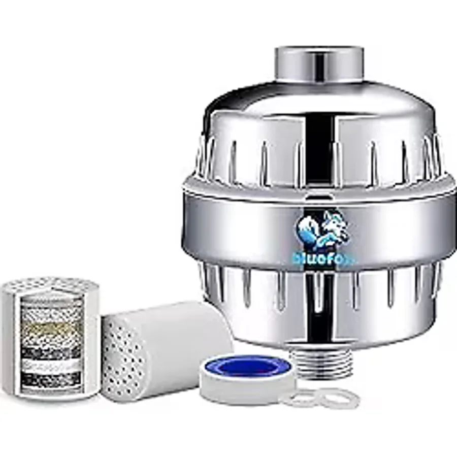 SanalAMCA Store Bluefox Silver Duş Filtresi - Klor ve Ağır Metal Arıtmalı, Kdf 55 + Aktif Karbon, Saç ve Cilt Dostu - 15000K - Beyaz