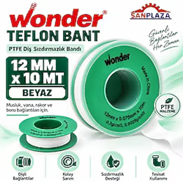 Sanplaza Wonder Teflon Bant 12 mm x 10 mt PTFE Diş Sızdırmazlık Tesisat İzolasyon Bandı