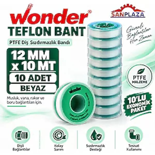 Sanplaza Wonder Teflon Bant 12 mm x 10 mt PTFE Diş Sızdırmazlık Tesisat İzolasyon Bandı 10 Adet