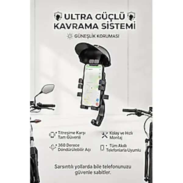 Şapka Korumalı Motosiklet Telefon Tutucu Gidon Ve Dikiz Aynası Uyumlu Siyah