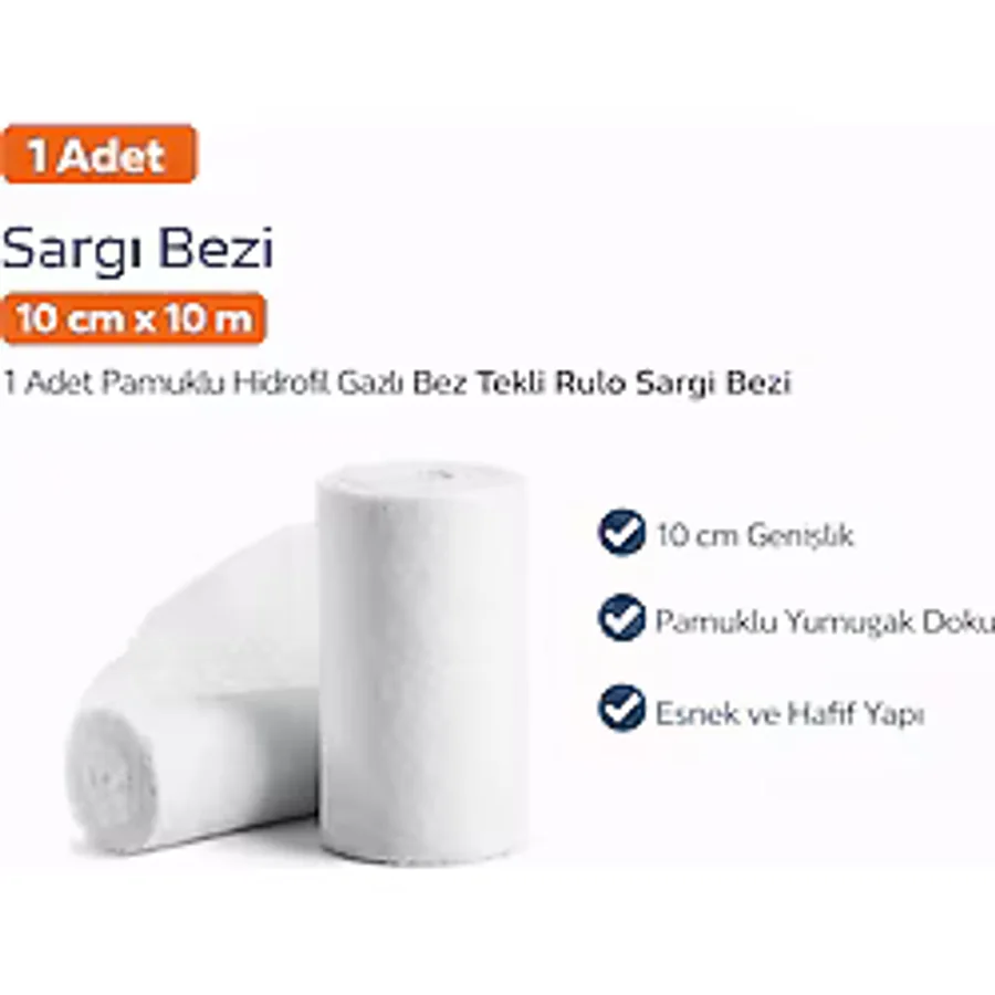 Sargı Bezi 10 cm x 10 M 1 Adet Pamuklu Hidrofil Gazlı Bez Tekli Rulo Sargı Bezi