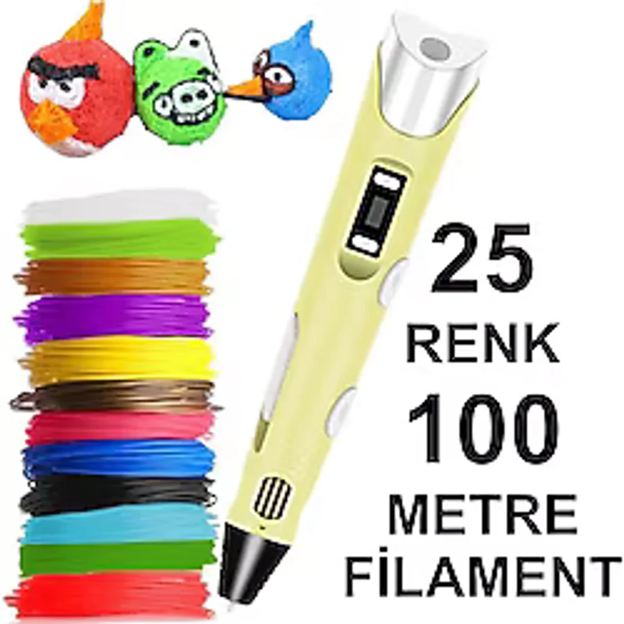 Sarı 3d Kalem Yazıcı+25 Renk 100 Metre 25x4metre Pla Filament