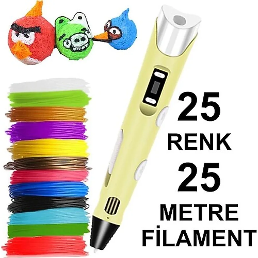 Sari 3D Kalem Yazıcı+25 Renk 25 Metre (25X1Metre) Pla Filament