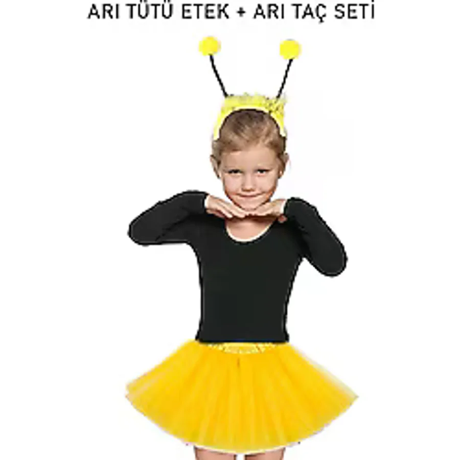 Sarı Arı Tütü Etek ve Sarı Ponponlu Arı Taç Seti