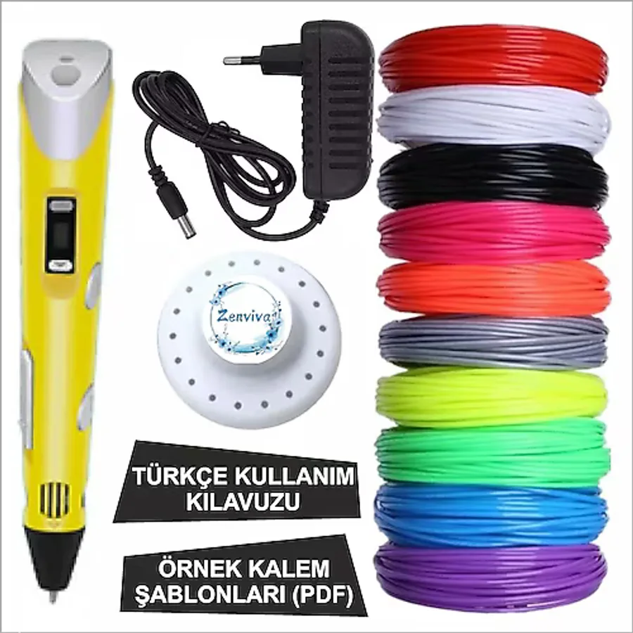Sarı Renk 3D Kalem + 25 Renk Toplam 50 Metre Pla Filament + Şablon