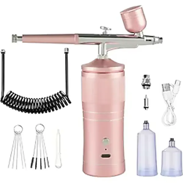 Şarj Edilebilir Airbrush Kompresör Seti Tırnak Sanatı Kozmetik Pasta Süsleme Nemlendirici Sprey - Pembe