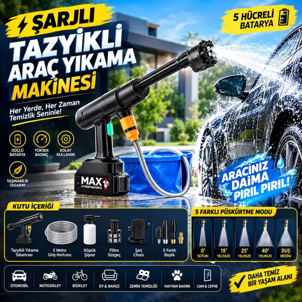 Şarjlı 18000 rpm Basınçlı araba yıkama tabancası köpük tazyikli su püskürtme makinası araç bahçe yıkama