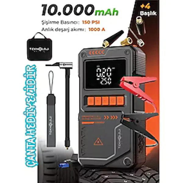 Şarjlı Akü Takviye Cihazı Pompa Powerbank El Feneri Oto Kompresör 10000mAh Anahtarlık-Çanta HEDİYE