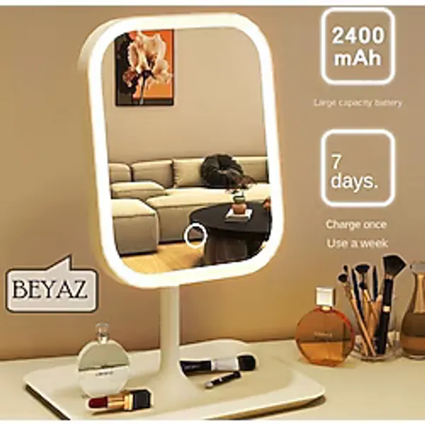 Şarjlı LED Işıklı Makyaj Aynası LED Dokunmatik Makyaj Aynası Oynar Başlıklı 3 Modlu USB Şarjlı - Beyaz