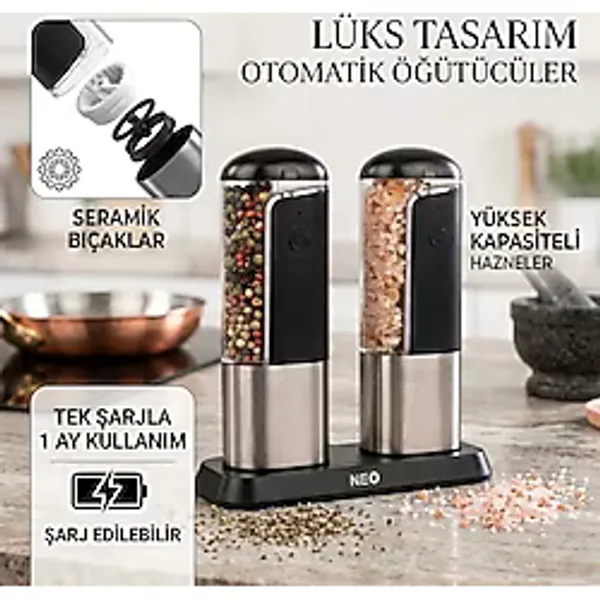 Şarjlı Paslanmaz Çelik Tuz Karabiber Değirmeni Otomatik Baharat Öğütücü 2li Stant Neo Class