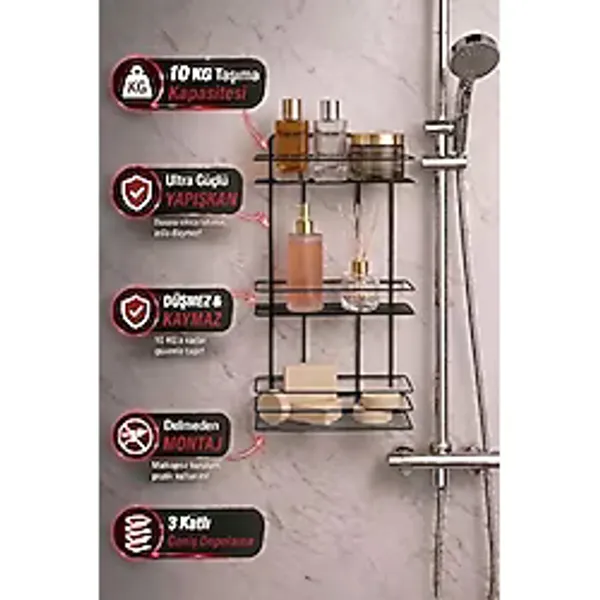 SAS Ömür Boyu Paslanmaz Yapışkanlı Düz Banyo Düzenleyici Şampuanlık Duş Rafı Siyah TŞ-03