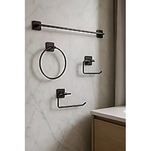 SAS Yapışkanlı Siyah 4'lü Banyo ve Mutfak Havluluk Seti - Wc Kağıtlık, Rulo, Çember ve Uzun Havlu Askısı