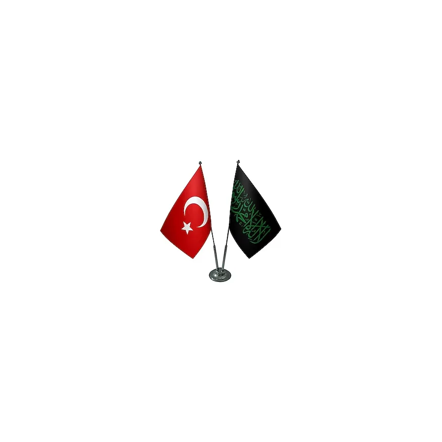 Satürn Design Masaüstü Siyah Kelimei Tevhid Bayrağı Türk Bayrağı İkili Krom Direk Masa Bayrak Seti