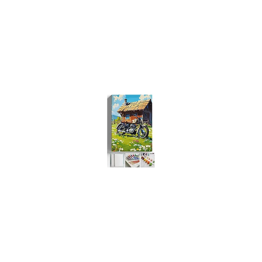 Sayılarla Boyama Çerçeveli Hobi Seti Numaralı Tuval Fırça Boya Dahil Kasnaklı Motor 40x50 Cm