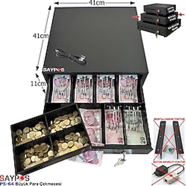 Saypos 6 Kağıt Para Gözlü Gizli Hazneli Büyük Para Çekmecesi Anahtardan Açılır ve Pos Kablolu 41X41X11CM