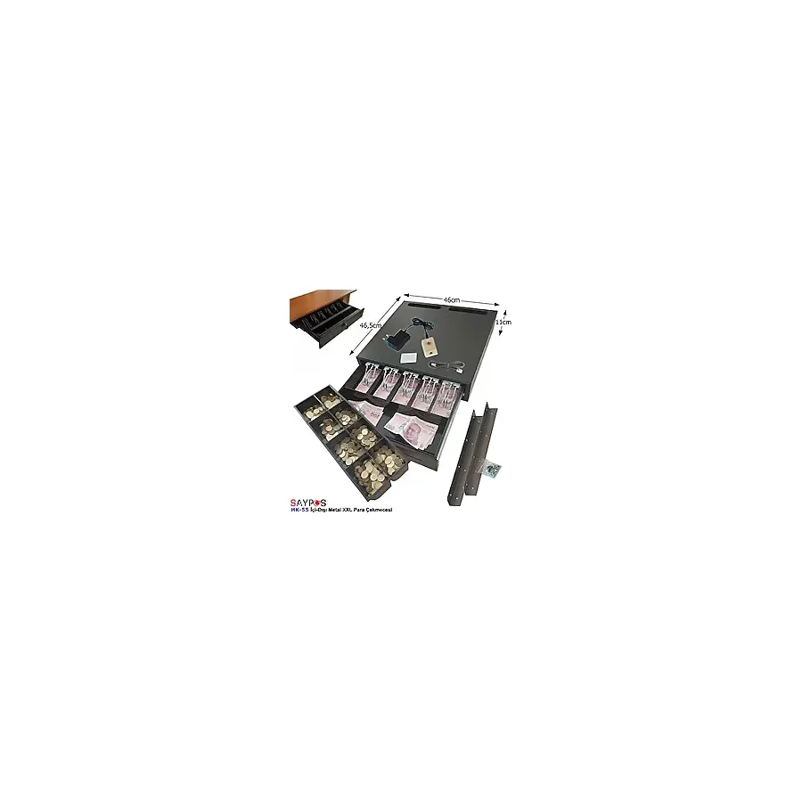 Saypos Butonlu ve Askılı Içi-Dışı Full Metal 5 Geniş Banknotluk Ekstra Büyük Para Çekmecesi 46X46,5X11CM