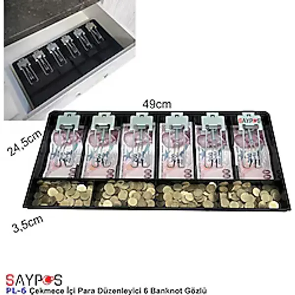 Saypos Metal Mandallı Çekmece Içi Para Düzenleyici 6 Banknot Bölmeli Para Çekmecesi Içi 49X24,5X3,5CM