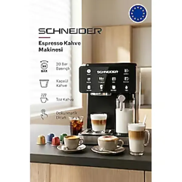 SCHNEIDER Espresso Latte ve Kahve Makinesi dokunmatik 20 Bar Basınç, Kapsül Kahve Destekli, Çok Programlı ve Buharlı Süt Köpürtücülü