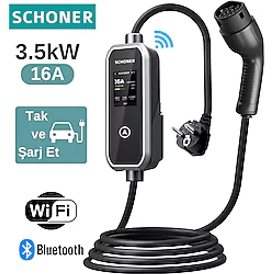 Schoner 3.5kw Taşınabilir Elektrikli Araç Şarj Istasyonu -Tak ve Şarj Et- Wi-Fi / Bluetooth Smart 5 Metre Tip2 Kablolu