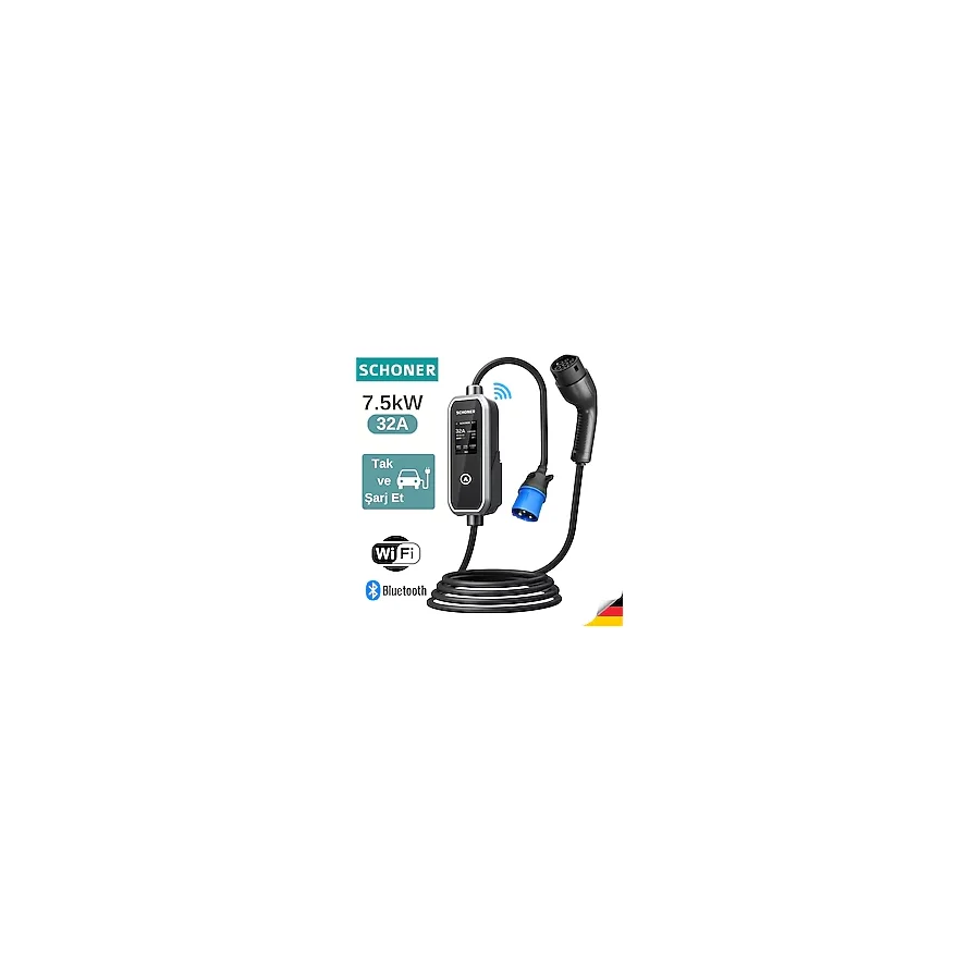 Schoner 7.4Kw Taşınabilir Elektrikli Araç Şarj Istasyonu -Tak Ve Şarj Et- Wi-Fi / Bluetooth Smart 5 Metre Tip2 Kablolu