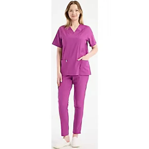 Scrubs Kadın Doktor Üniforması Üst Forma - Likralı Medikal Giyim Carex - Açık Pembe - Fuşya - XL