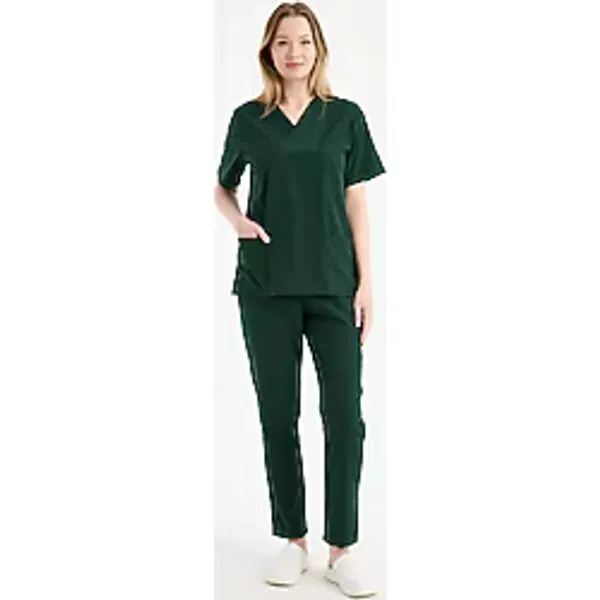 Scrubs Kadın Doktor Üniforması Üst Forma - Likralı Medikal Giyim Carex - Koyu Yeşil - XL