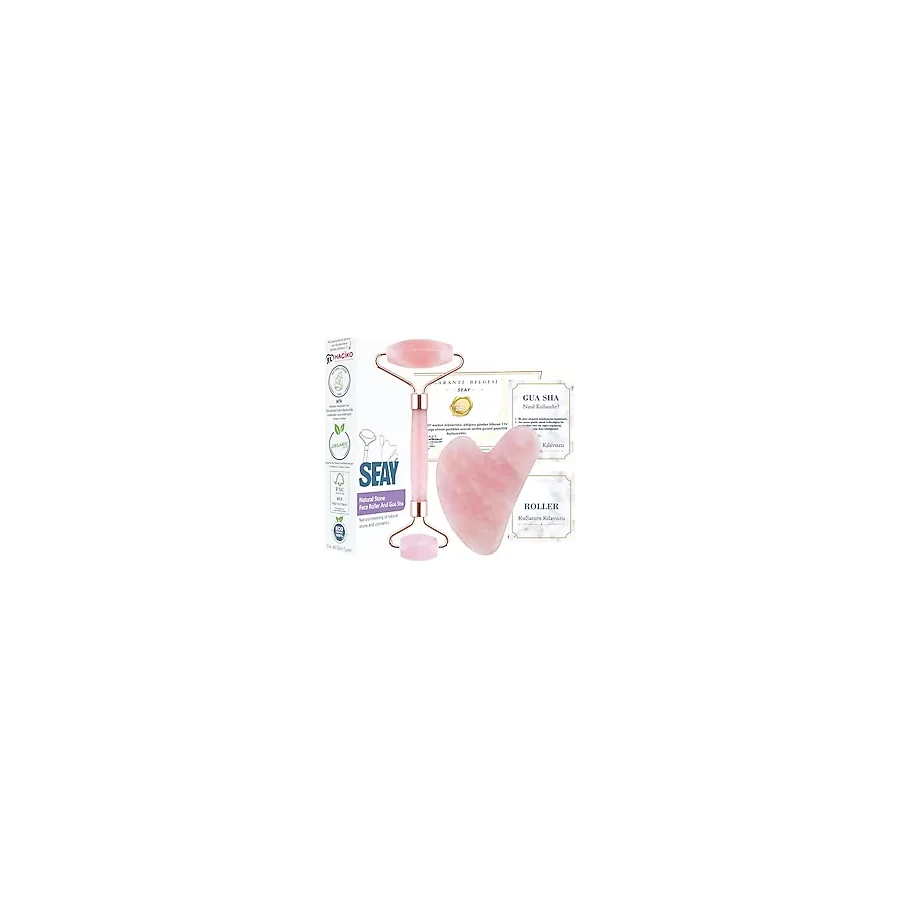 Seay Pembe Kuvars Quartz Face Roller & Guasha Yüz Masaj Aleti Takımı Masaj Taşı Doğaltaş Premium