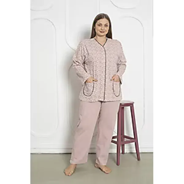 SEBOTEKS %100 Pamuklu Uzun Kollu Boydan Düğmeli Büyük Beden Kadın Pijama Takımı 206 Pudra