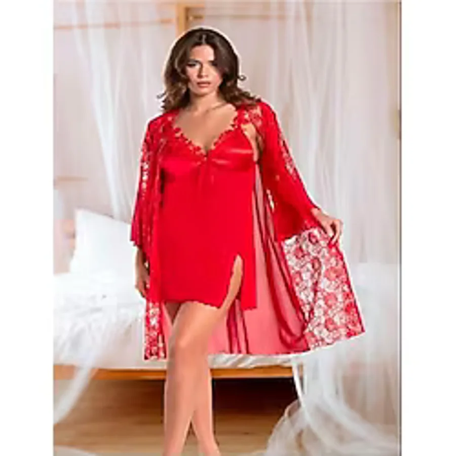 secret night Kırmızı Gecelik Ve Sabahlık Takımı Dantel Tül Ve Saten Detaylı Kadın Iç Giyim Gecelik kırmızı S/M