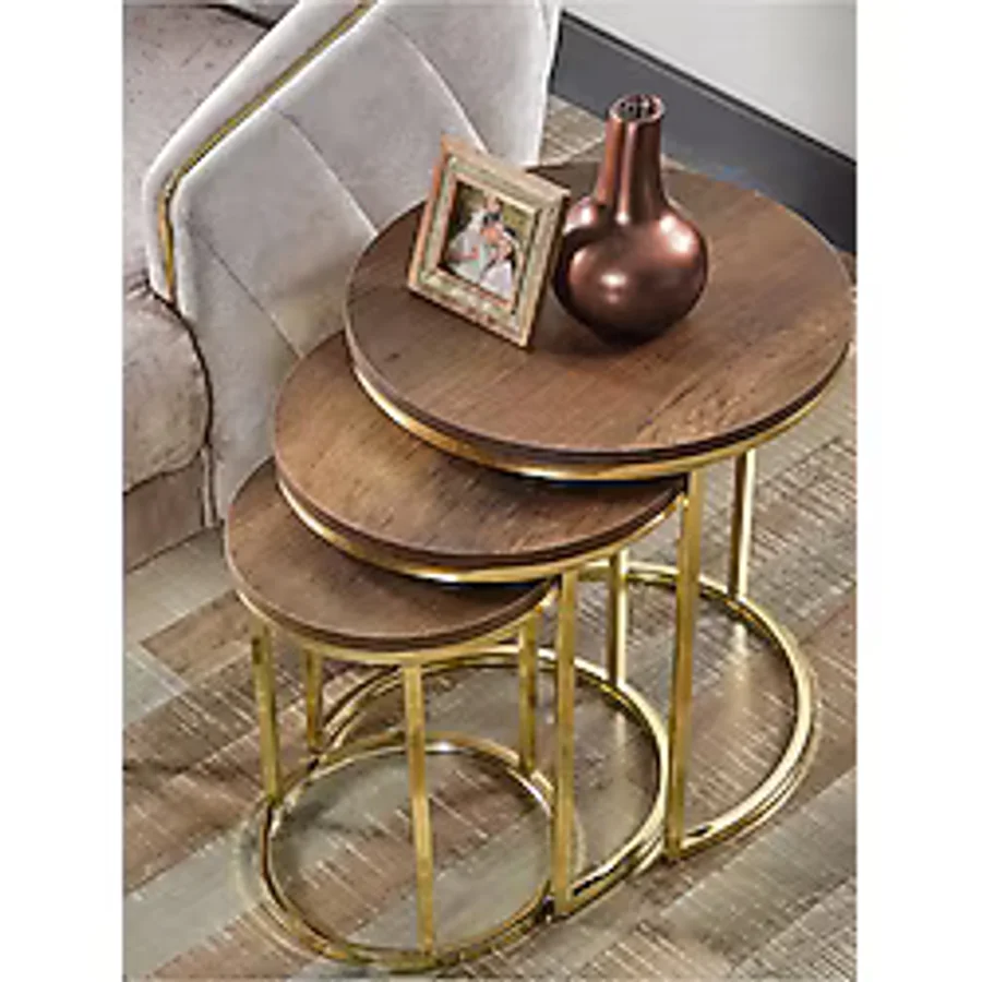 SEDAŞ LIVING UNITS 3 'lü Koyu Ceviz Suntalam Gold Metal Ayak Zigon Sehpa sedaş-living-units-sehpa-zigon
