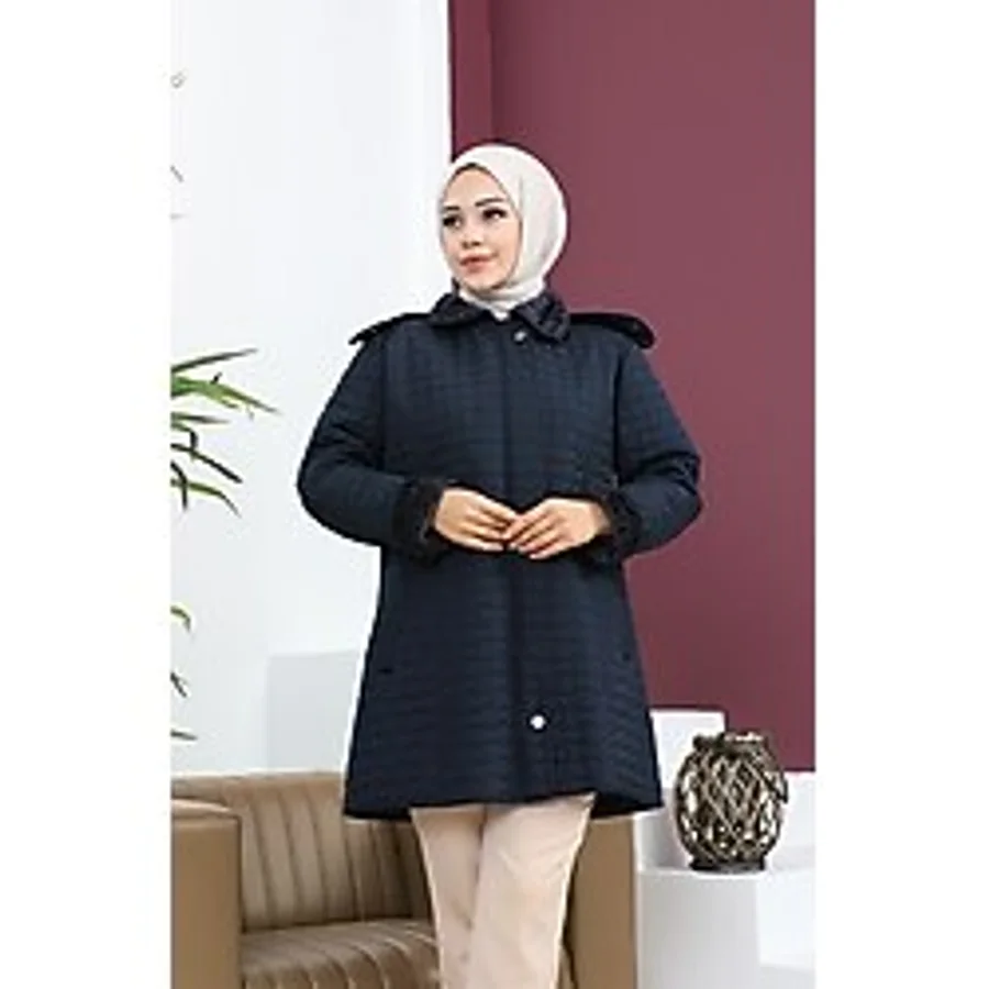 Sefa Merve Büyük Beden Kare Desen Kapitone Mont 6141-02 Lacivert - 54