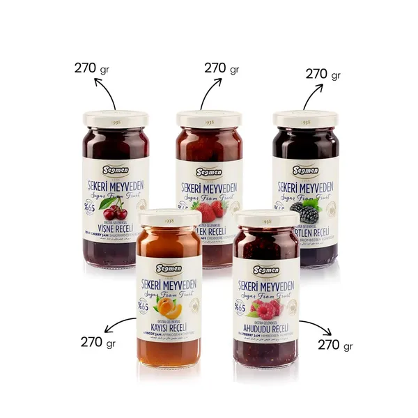 Seğmen Şekeri Meyveden Reçel Paketi 5'li - Çilek, Böğürtlen, Ahududu, Vişne ve Kayısı 270 g