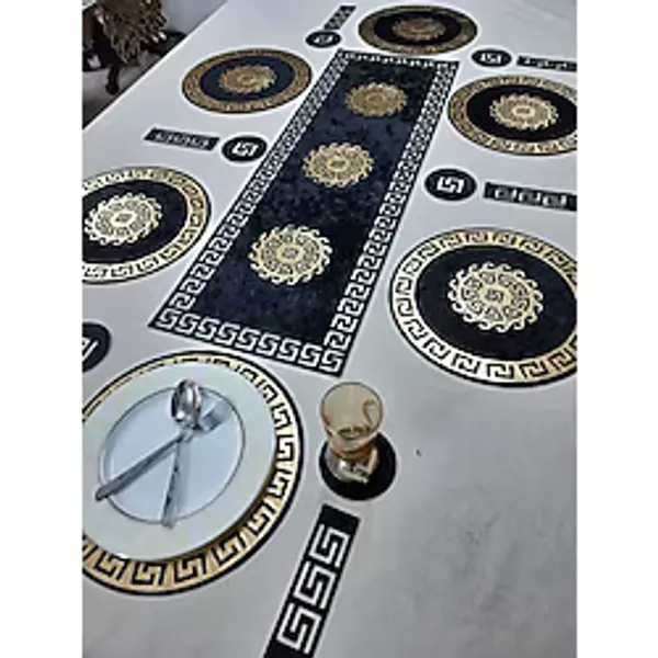 Sehara Amerikan Servis / Masa Runnerı / Kadife Sofra Sunum Takımı /19 Parça/6 Kişilik/Siyah-Gold - Siyah - Gold - 33 x 100 cm