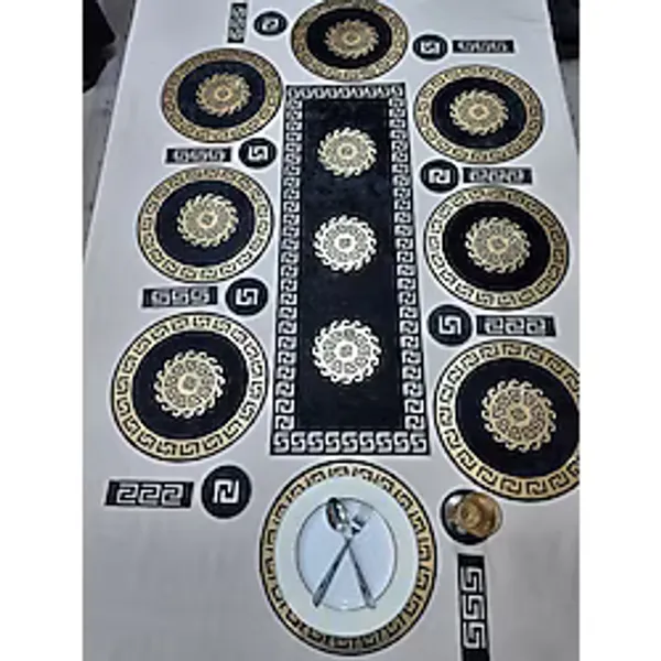 Sehara Amerikan Servis - Runner - Kadife Sofra Sunum Takımı - 25 Parça - 8 Kişilik - Siyah - Altın - 33 x 100 cm