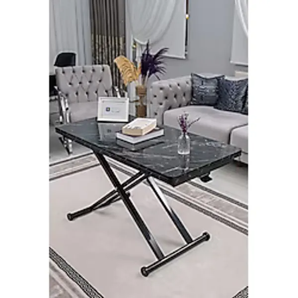 SEHPAM AKILLI Akıllı Sehpa Home Üst Tabla Mdf Siyah Mermer Oval Köşe Alt Mekanizma Siyah Renk