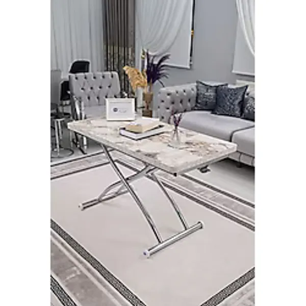 SEHPAM AKILLI Akıllı Sehpa Juppo Üst Tabla Mdf Beyaz Mermer Oval Köşe Alt Krom Kaplama Dışa Kıvrım