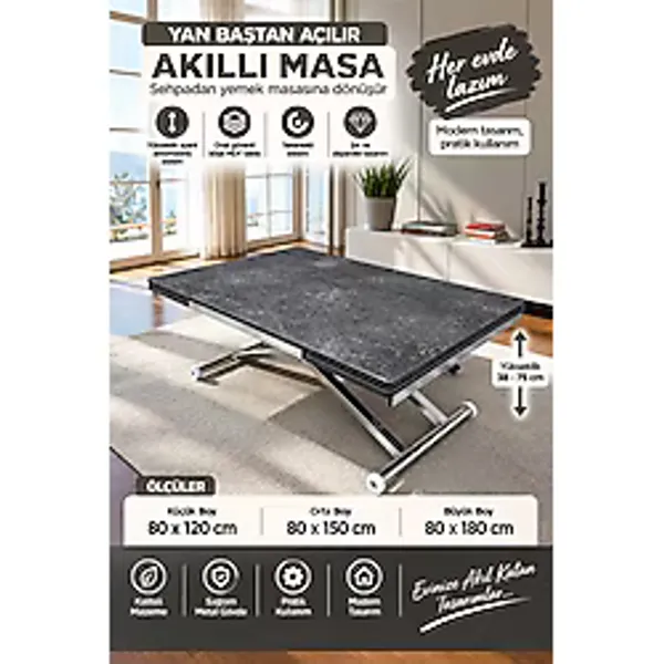Sehpam Akıllı Yan Baştan Açılır Akıllı Yemek Masası Mdf Tabla Alt Mekanizma Metal Krom Kaplama - Antrasit