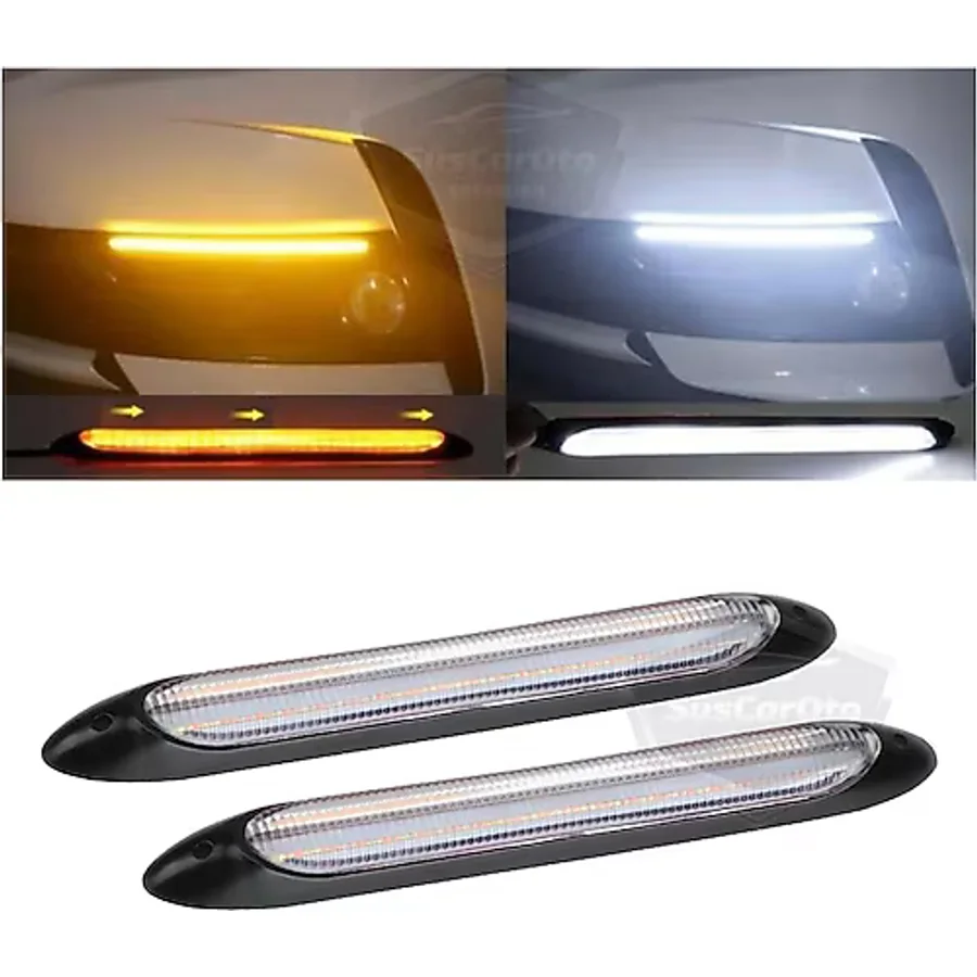 Selamlamalı Kayar Sinyalli Araba Gündüz Farı Esnek Gündüz Ledi Drl Led Lamba Güçlü Işık Açılış Animasyonlu 12V Su Geçirmez Sarı Beyaz 2 Adet 27.5 Cm