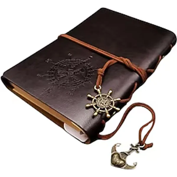 Senon Retro Vintage Pusula Baskılı Çapa Ve Dümen Kolye Uçlu Deri Kapaklı Günlük Not Defteri Denizci Defter Özel Tasarım Hediyelik Siyah