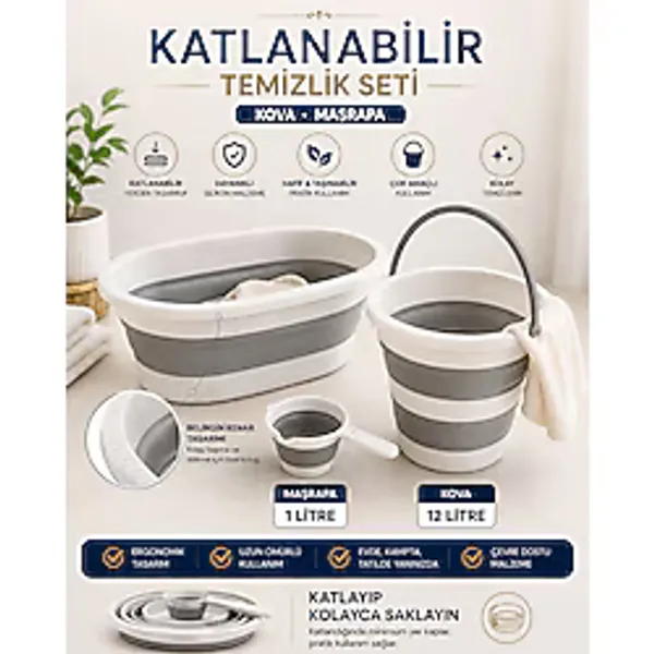 Sepetkitchen 3'lü Set Katlanır Çamaşır Sepeti - Katlanabilir Akordiyon Su Kovası -maşrapa