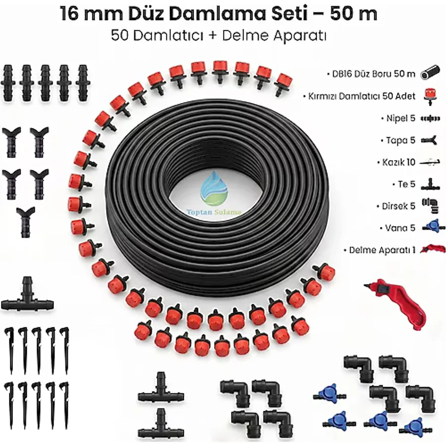 SerDrip 16 mm Düz Damlama Seti 50 m - 50 Adet Kırmızı Damlatıcılı, Delme Aparatlı (Bahçe/Sera)