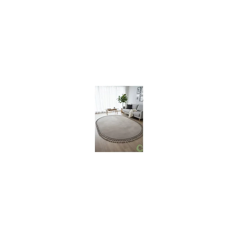SERENİTA Yıkanabilir Post Peluş Kaymaz Taban Vizon Oval Saçaklı Salon Oturma / Çocuk Odası Mutfak Halısı